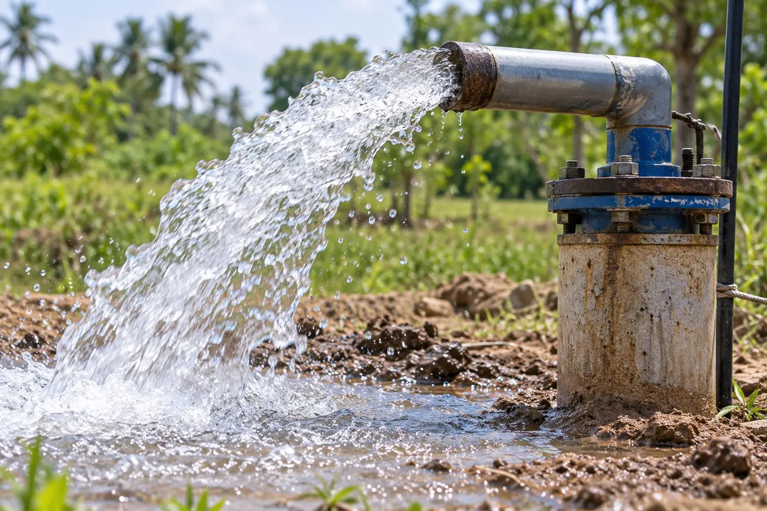 Water flowing from a borewell pipe after flushing