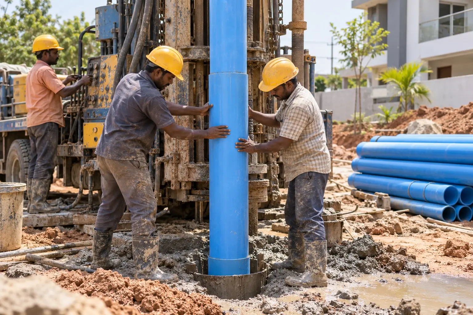 Borewell casing installation during well completion