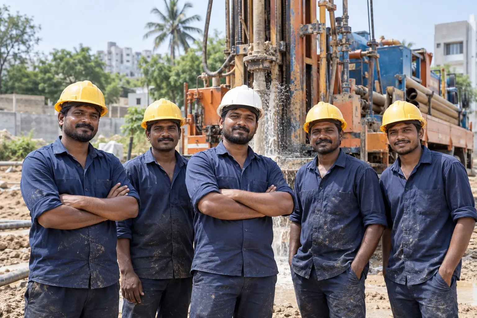 Borewell drilling team at a project site